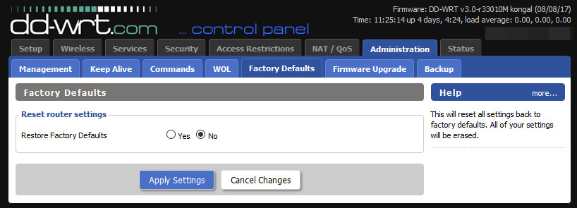 DD-WRT Factory Defaults